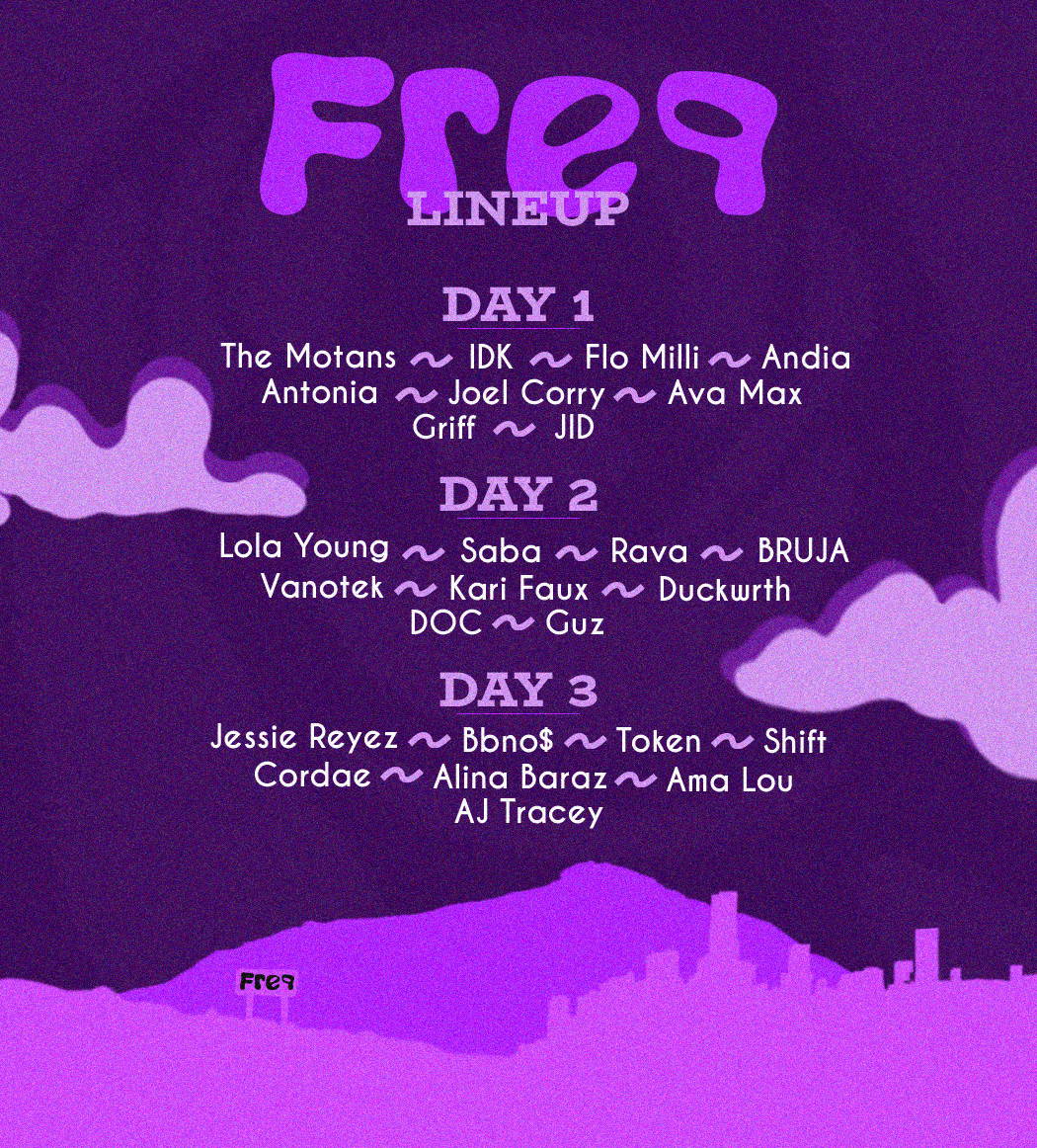 FREQ Festival three-day lineup poster in purple and pink