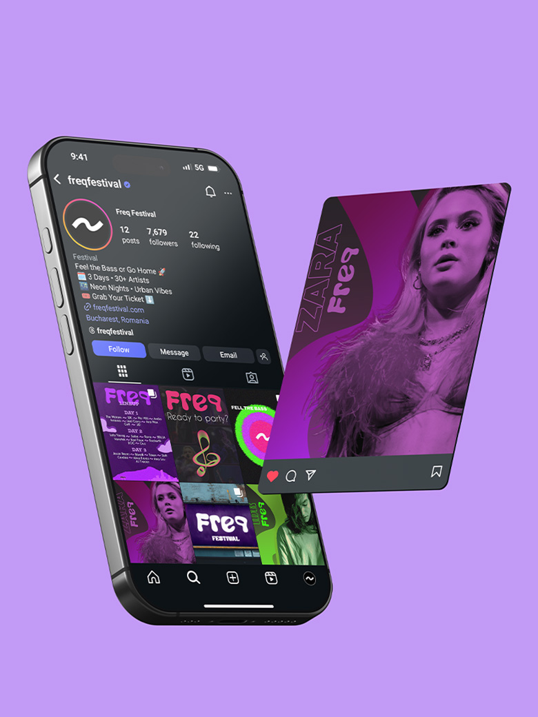 FREQ Festival brand identity on a phone app mockup and poster, purple background