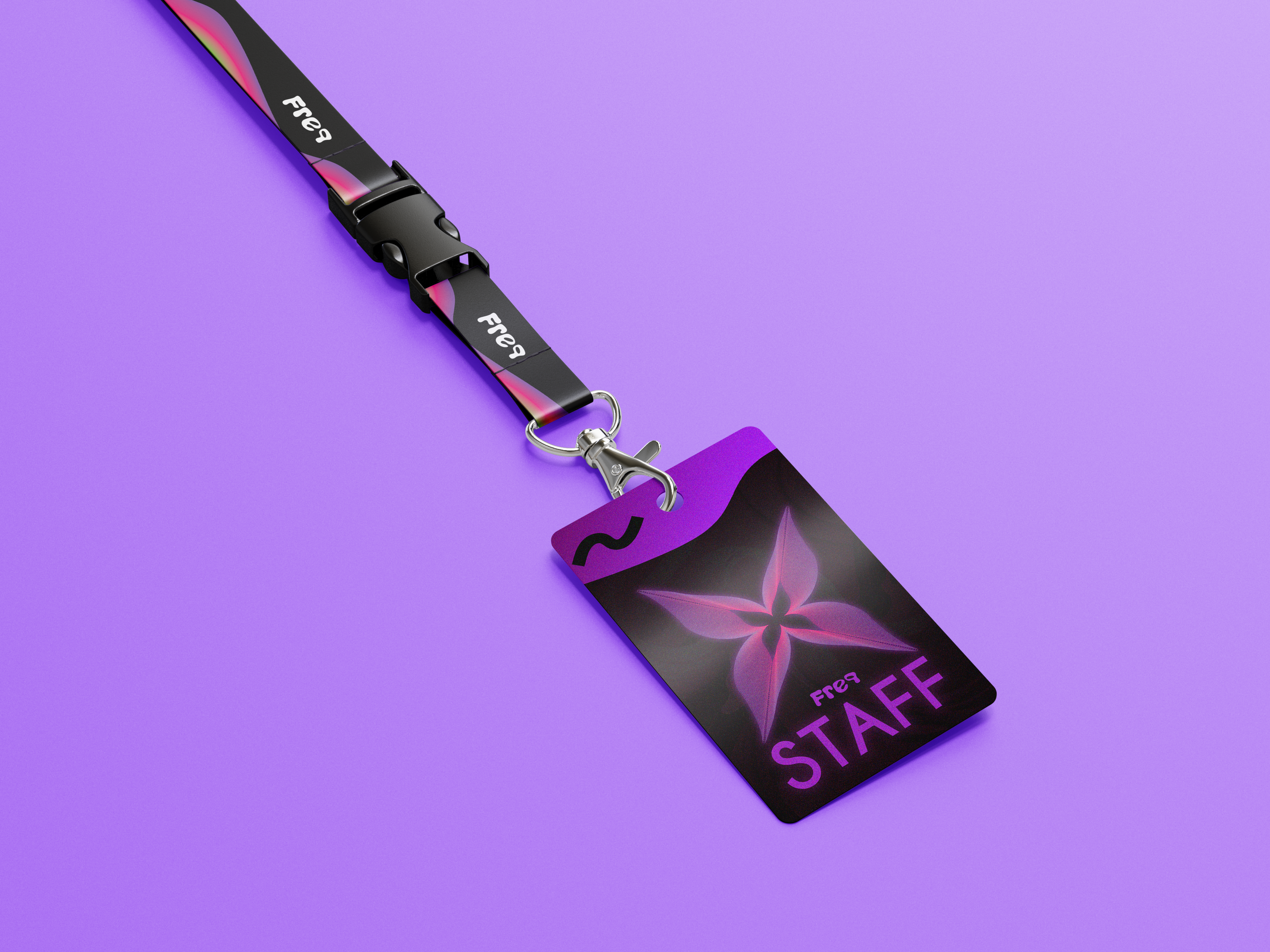 FREQ Festival staff lanyard and access pass, purple background