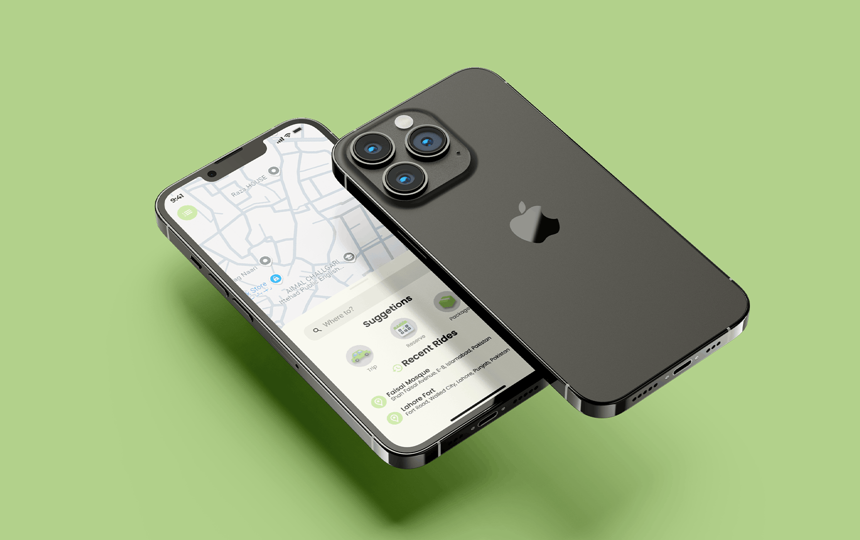 Greenz ride-sharing app map screen on an iPhone mockup, green background