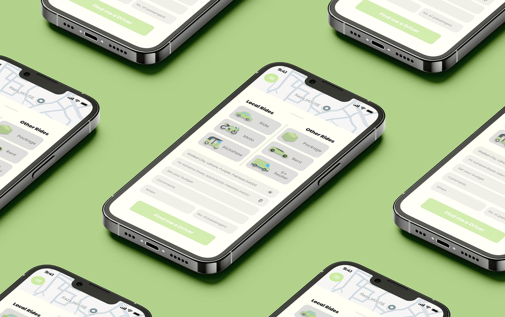 Greenz eco-friendly ride-sharing app screens on rows of phone mockups, green background