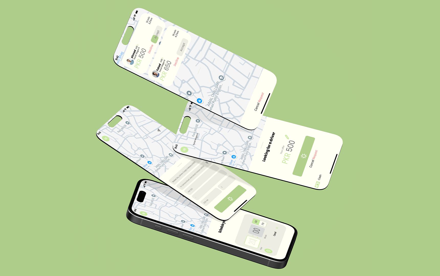 Greenz app map and booking screens on floating phone mockups