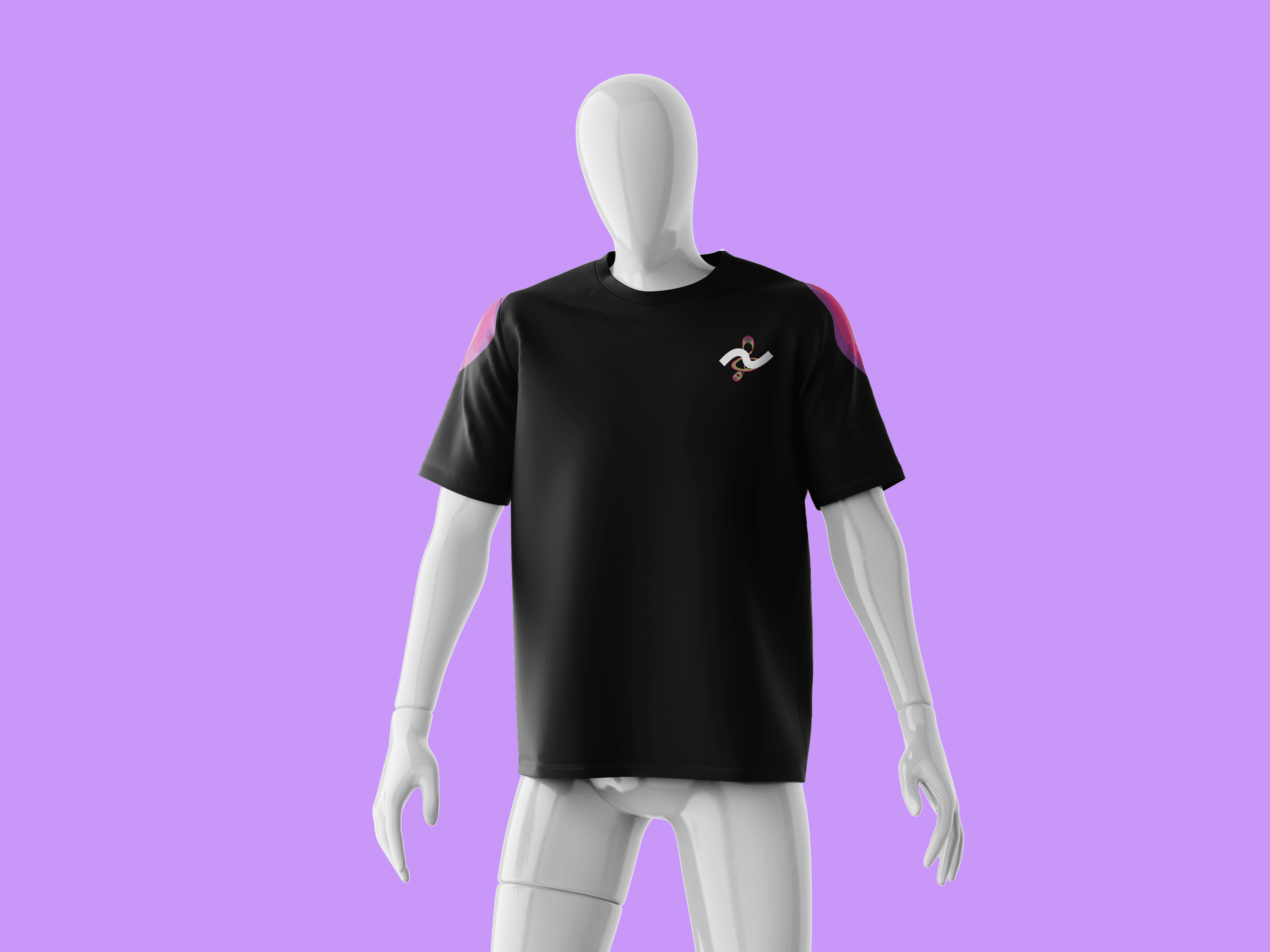 FREQ Festival black merch T-shirt on a mannequin, purple background