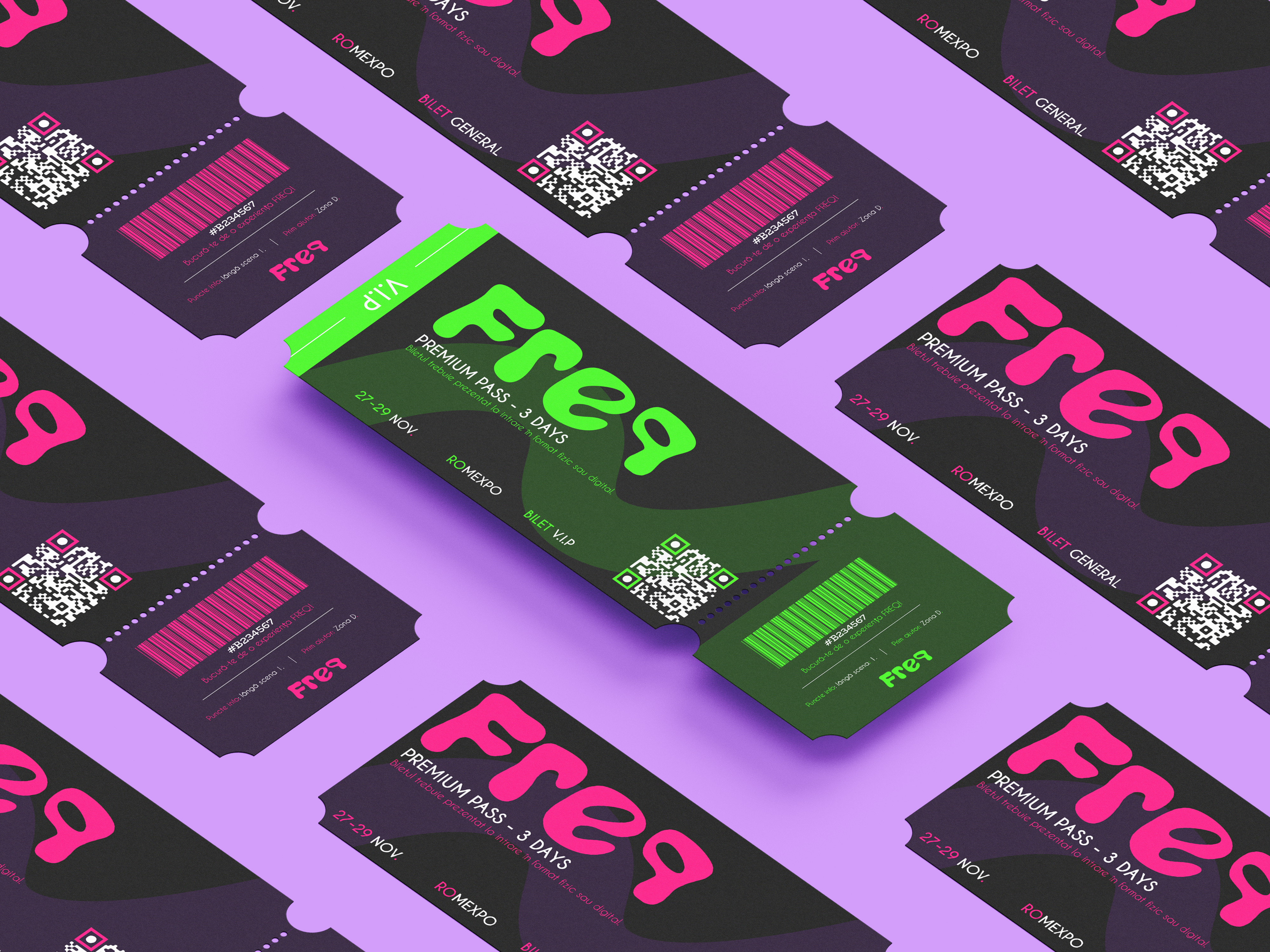 FREQ Festival ticket designs in purple, pink and neon green