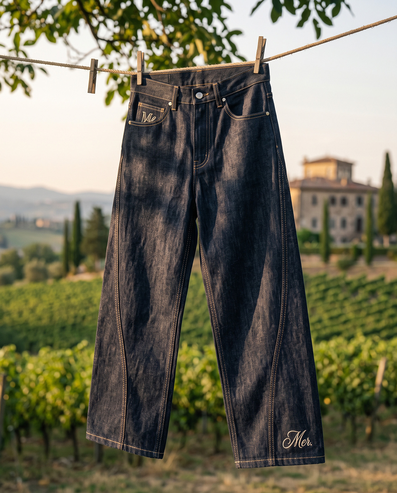Mersyde dark raw-denim wide-leg jeans with embroidered logo, front view, hung on a line above a vineyard