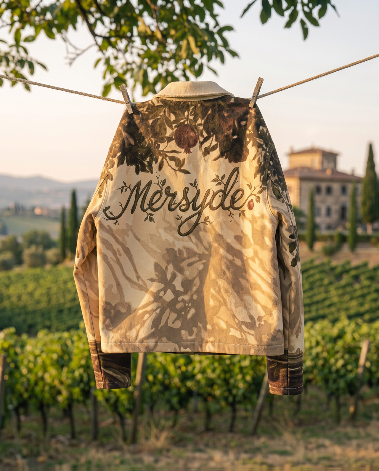 Back of the Mersyde floral print jacket with the Mersyde script logo across the shoulders