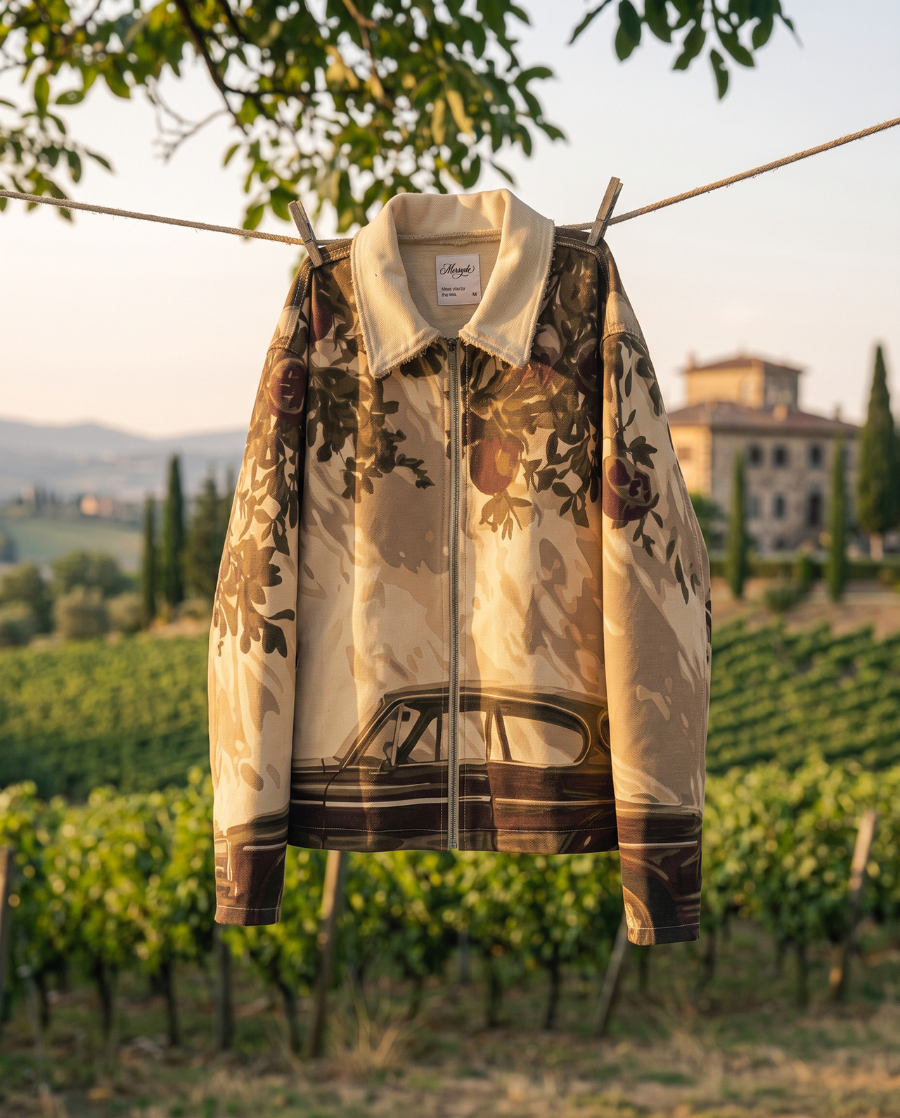 Mersyde cream zip jacket with a sepia floral print, front view, hung outdoors over a vineyard